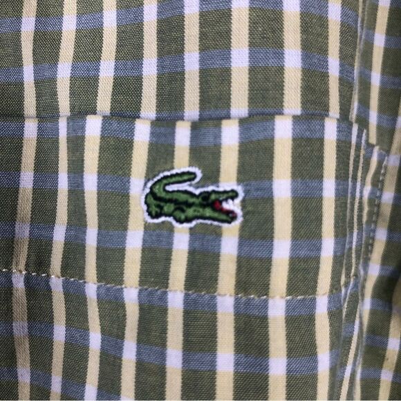 Lacoste Men’s Button Down Shirt Green Plaid Stripe 100% Cotton Regular Fit 45 - Picture 3 of 7